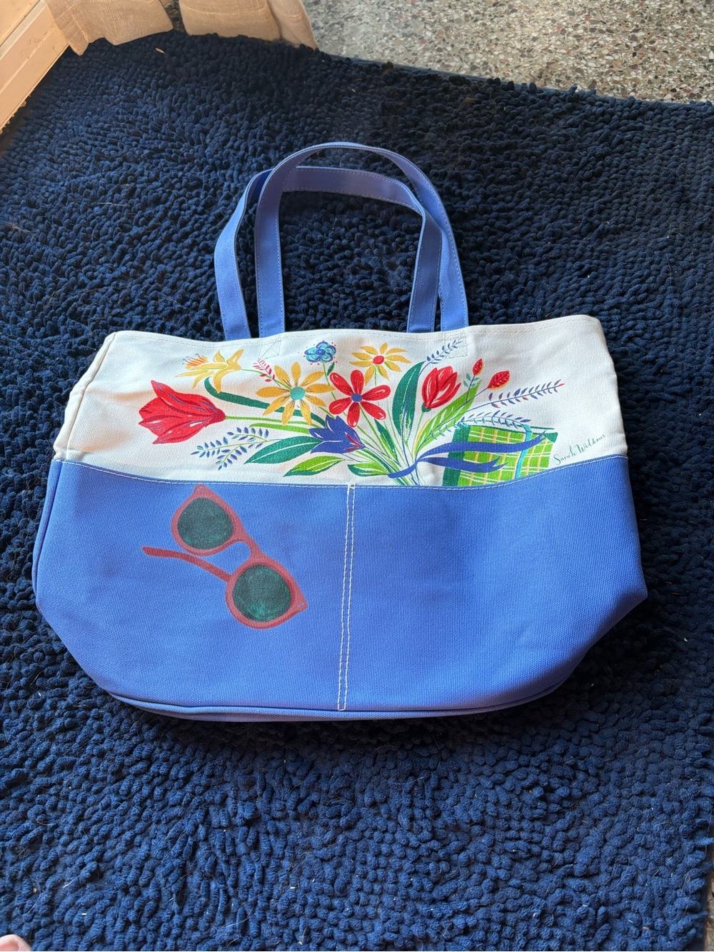 Canvas Floral Tote Bag with Sunglasses Print - Blue & White
